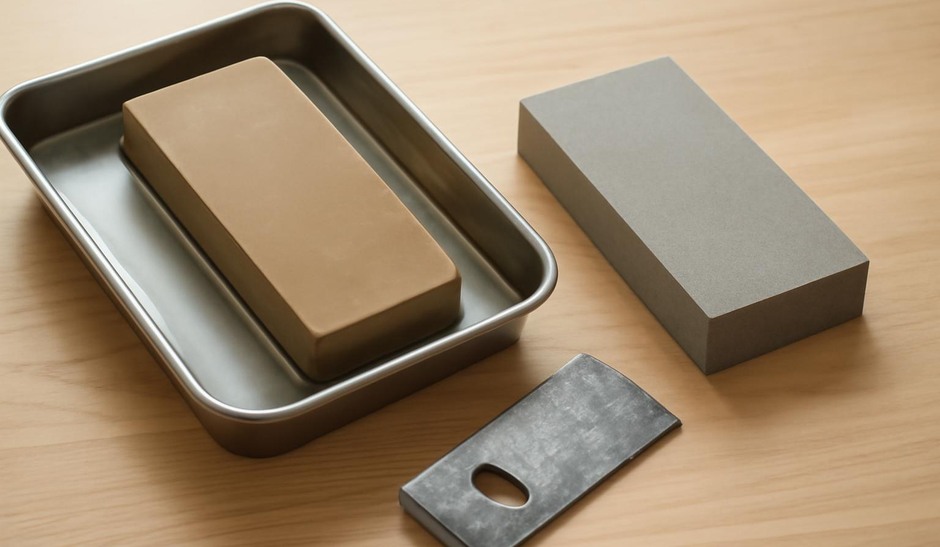 Two sharpening stones with a plane iron