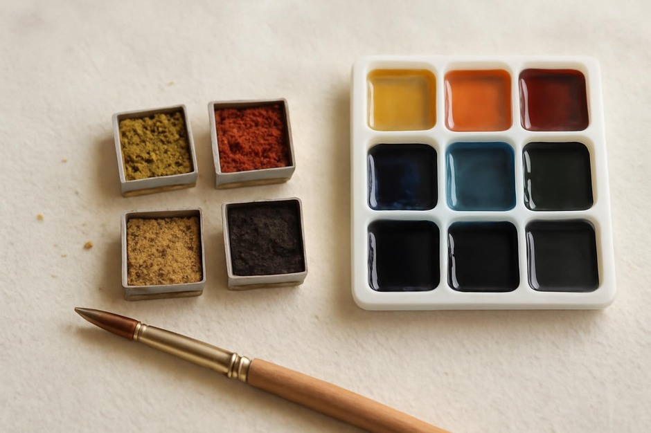 Small pans of ground pigments and dye wells
