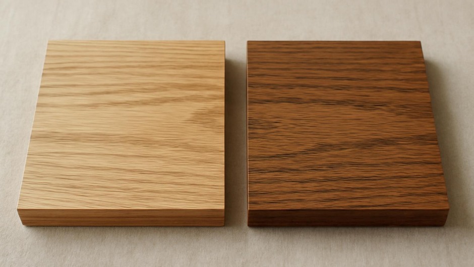 Sample oak boards showing different finishes