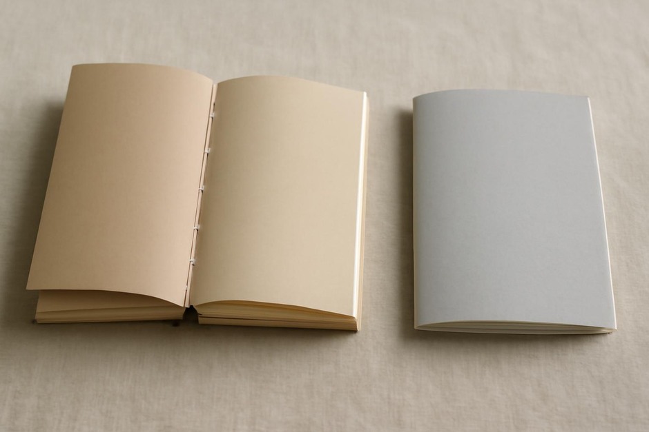 A hand-sewn book and a machine-stitched pamphlet side by side