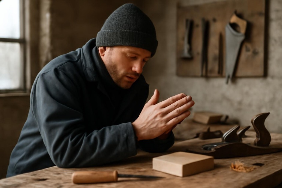 A craftsman warming hands over a workbench with tools and wood