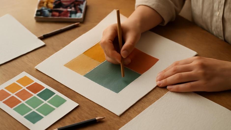 Bright studio image with paint textures, paper layers, and geometric color blocks.